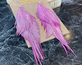 Starling Earrings - Sparkly, pink metallic leather earrings. Long, chandelier, statement earrings