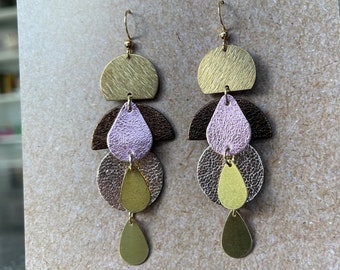 Pia Earrings- leather earrings, brass earrings, Statement earrings. Pretty earrings, dangles