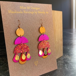 KELLIE EARRINGS - Pink, Red & Orange Statement Earrings (Bright, colorful Chandelier Earrings)