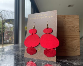 Pebbles - Beautiful metallic RED leather earrings, statement earrings, Big, bold earrings