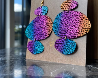 Rainbow Pebble Earrings - Beautiful holographic leather earrings, statement earrings, big, bold, beautiful earrings