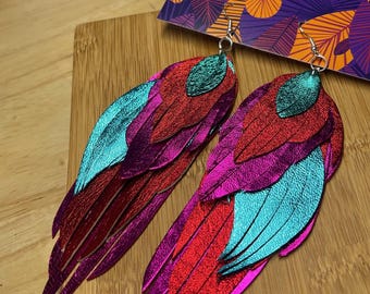 Pamela Earrings - Metallic Leather Statement Earrings: Teal, Pink & Red Chandelier Dangles