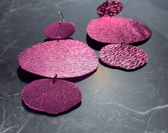 Pebbles - Beautiful metallic ROSE leather earrings, statement earrings, Big, bold earrings