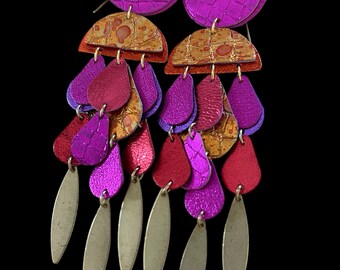 Freya Earrings: Handmade Metallic Leather Chandelier Earrings