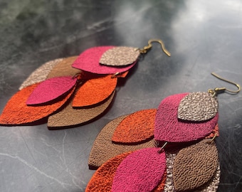 Leather Chandelier Earrings: Rose, Gold & Brown Dangles