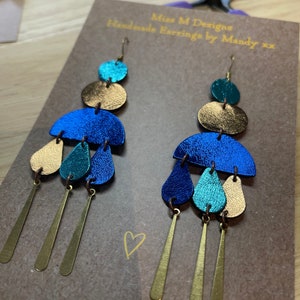 Blue Leather Chandelier Earrings: Lightweight Statement Dangle Earrings