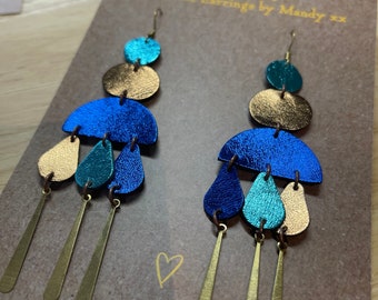 Winter Earrings (V2) Beautiful Colorful Lightweight Chandelier Statement Earrings, dangle earrings, leather earrings, blue earrings