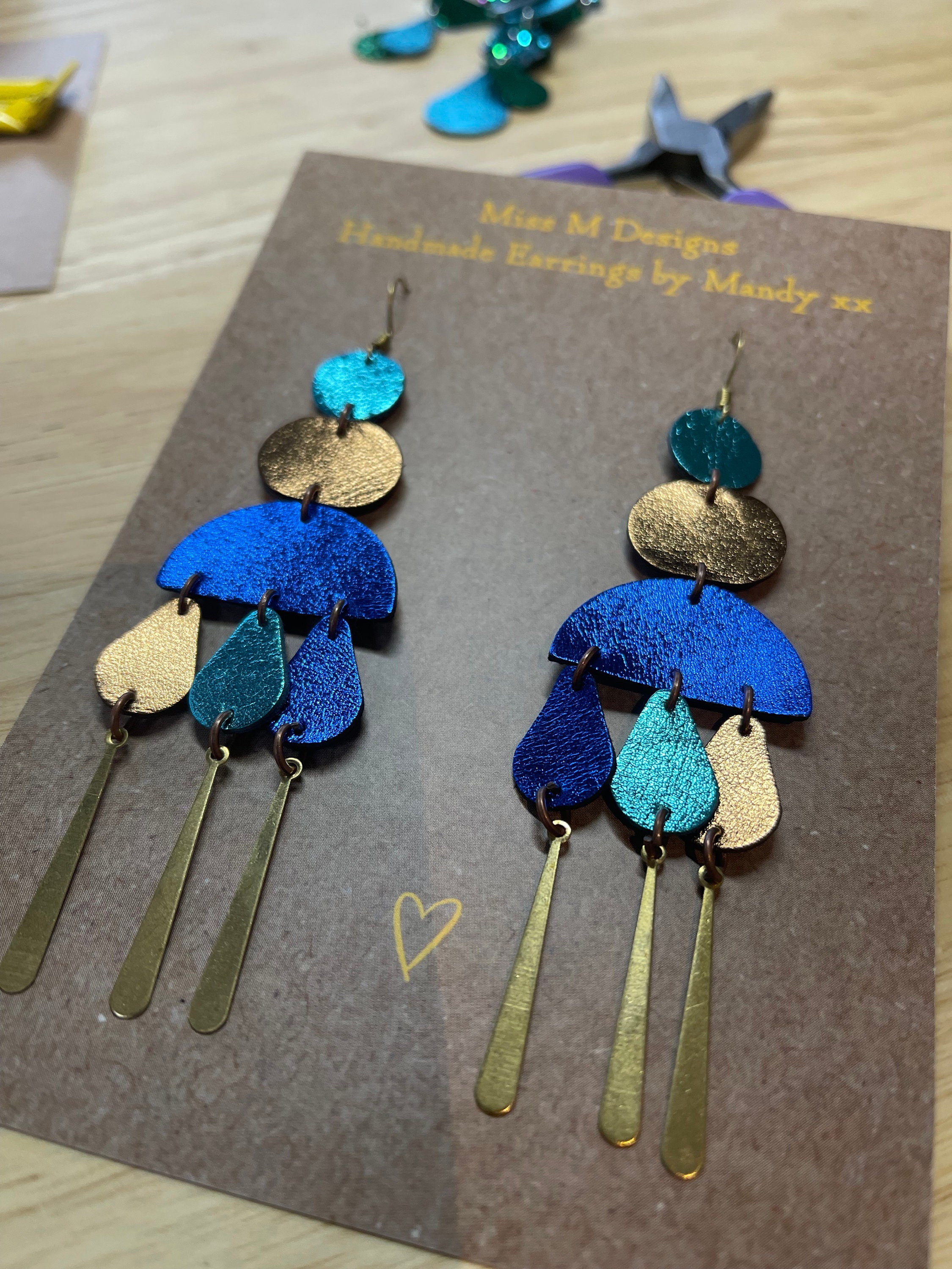 Blue Leather Chandelier Earrings: Lightweight Statement Dangle Earrings