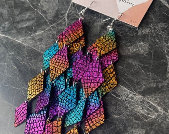 Rainbow Holographic Leather Dangle Earrings: Lightweight Chandelier Earrings