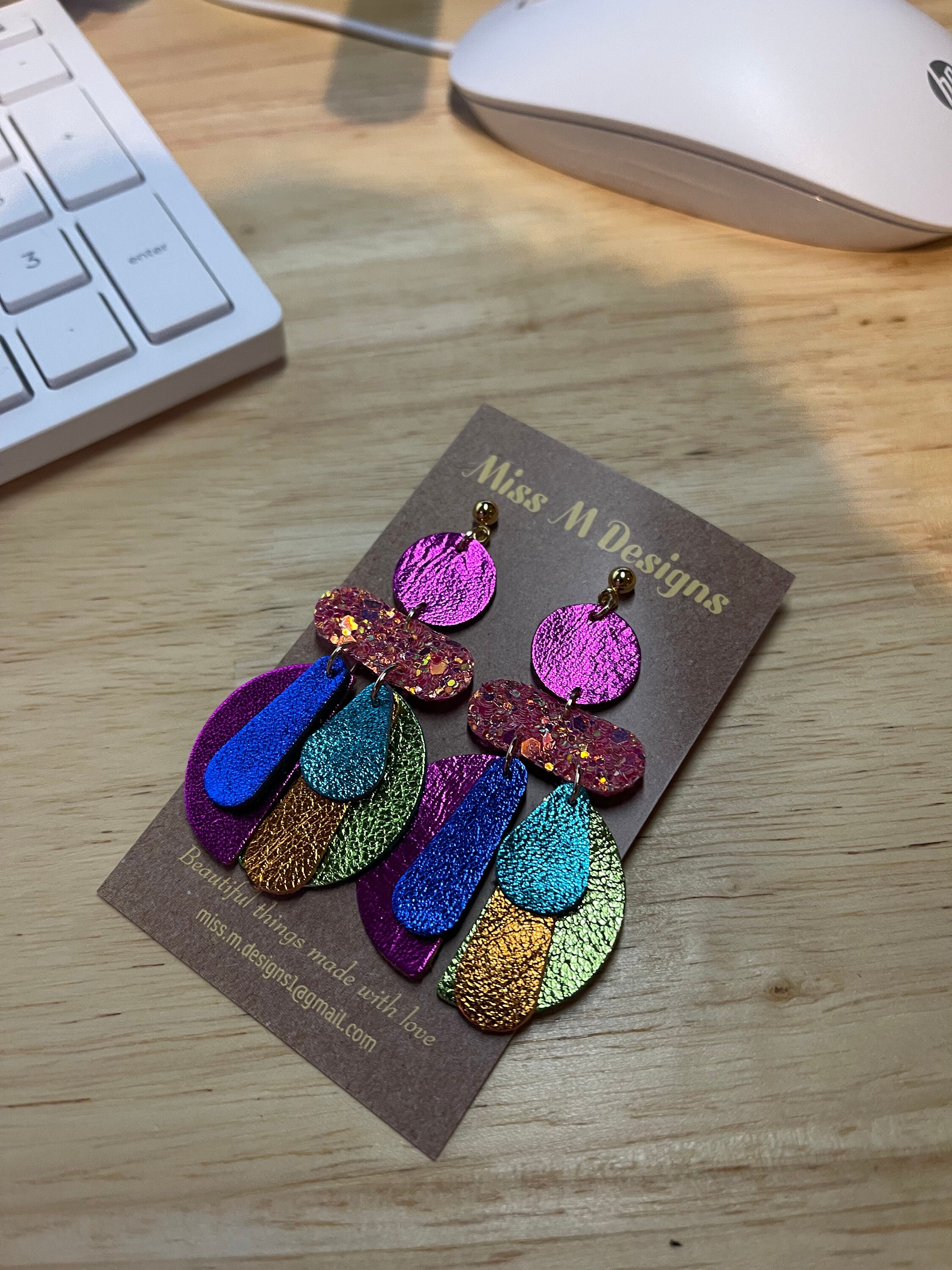 Rainbow Leather Dangle Earrings: Colorful Statement Chandelier Earrings ...