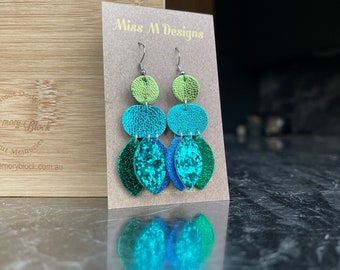 Aquamarine Leather Dangle Earrings, Boho Statement Jewelry, Lightweight Blue Drops