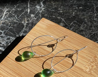 Green Czech Glass Earrings: Nickel-Free Silver Hoop Earrings