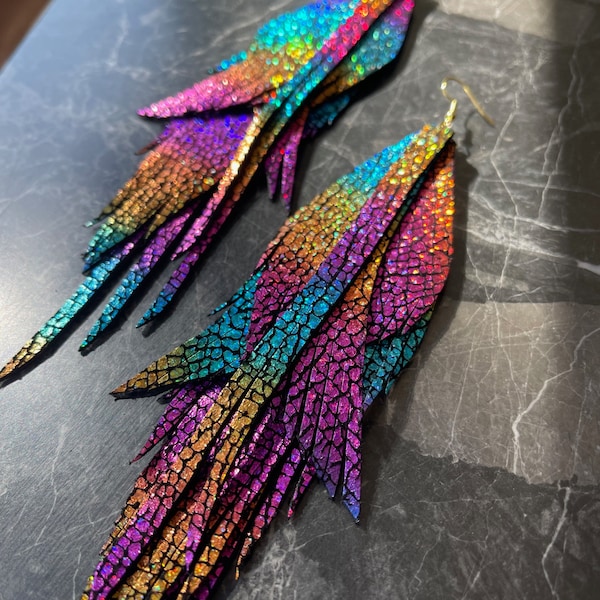 Rainbow Starling - Sparkly, holographic, colorful leather earrings. Long earrings, chandelier earrings, statement earrings, bold earrings