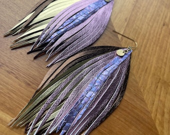 Bronze & Gold Leather Chandelier Earrings: Long Boho Dangles
