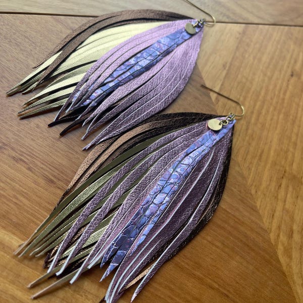 Bronze & Gold Leather Chandelier Earrings: Long Boho Dangles