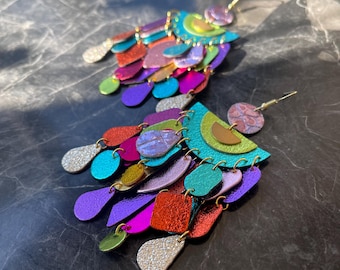 Moxie Earrings - Metallic Leather Chandelier Earrings: Colorful Statement Dangles