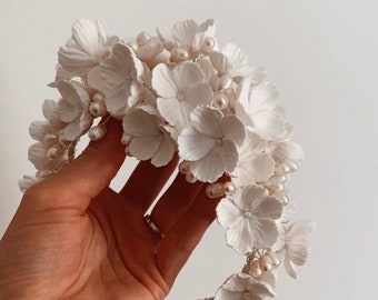 MILLIE | Clay Flower and Freshwater Pearl Headpiece, Bridal Headpiece, Floral Crown