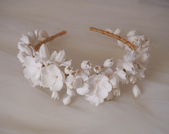 Gold Bridal Headpiece: Handmade Clay Flower Wedding Crown