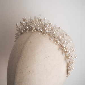 CELINE | Freshwater Pearl and Crystal Crown, Bridal Silver Headpiece, Wedding Accessory