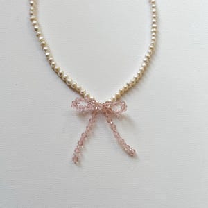 Freshwater Pearl Bow Necklace, Crystal Bow Pearl Necklace, Pink Beaded Bow Necklace