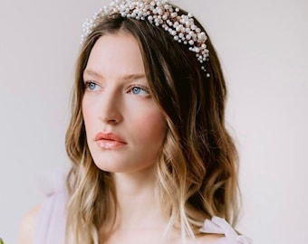 ELSA | White Pearl Bridal Hair Crown, Bridal Pearl Headband, Gold Bridal Hairpiece