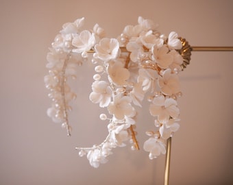 Silver Bridal Headpiece: Clay Flower & Pearl Wedding Crown