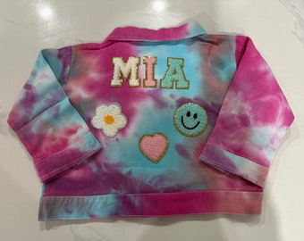 Personalized Girls Denim Pink Tye Die Jacket | Custom Kids Jean Jacket | Customize Jacket