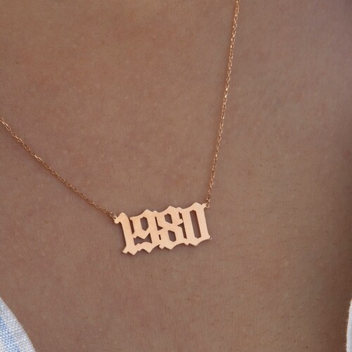 Year Necklace 14k Solid Gold Custom Number Necklace Monogram Etsy