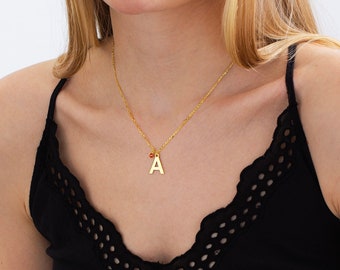 14K Solid Gold Initial Birthstone Necklace - Personalized Letter Pendant with Birthstone - Personalized Birthday Gift - Anniversary Gift