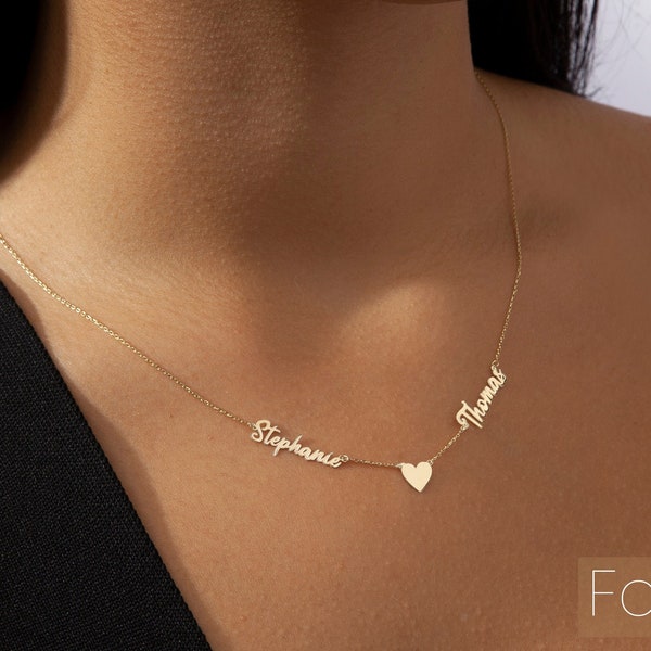 Personalized 2 Name Necklace with Heart Charm, Custom Name Necklace | 14k Gold Necklace, Dainty Family Necklace | Mothers Day Gift for Mom