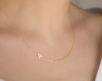 14k Gold Initial Necklace, Letter Necklace, Sideways Initial Necklace, Personalized Name Necklace, Personalized Jewelry, Christmas Gifts