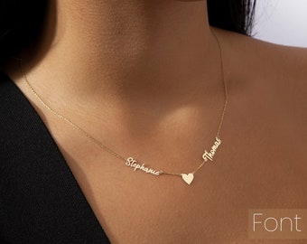 Personalized 2 Name Necklace with Heart Charm, Custom Name Necklace | 14k Gold Necklace, Dainty Family Necklace | Mothers Day Gift for Mom