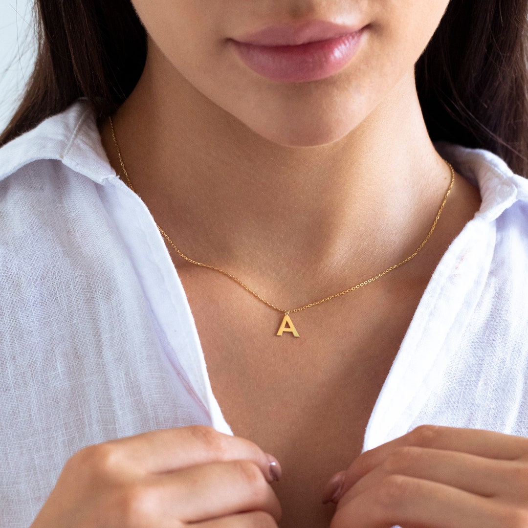 14K Solid Gold Initial Letter Necklace, Gold Letter Pendant, Custom