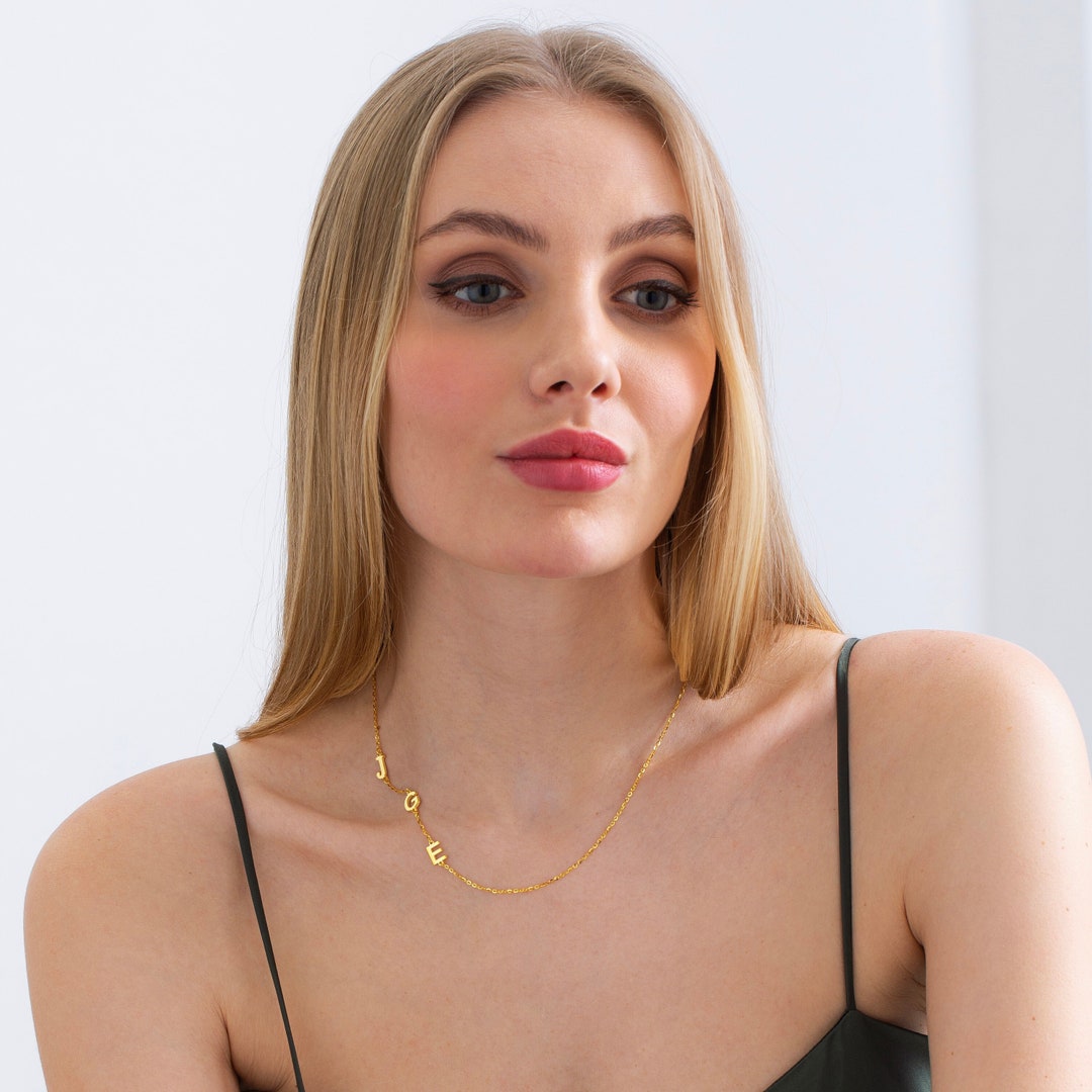 14K Solid Gold Initial Necklace Personalized Sideways Initial Jewelry