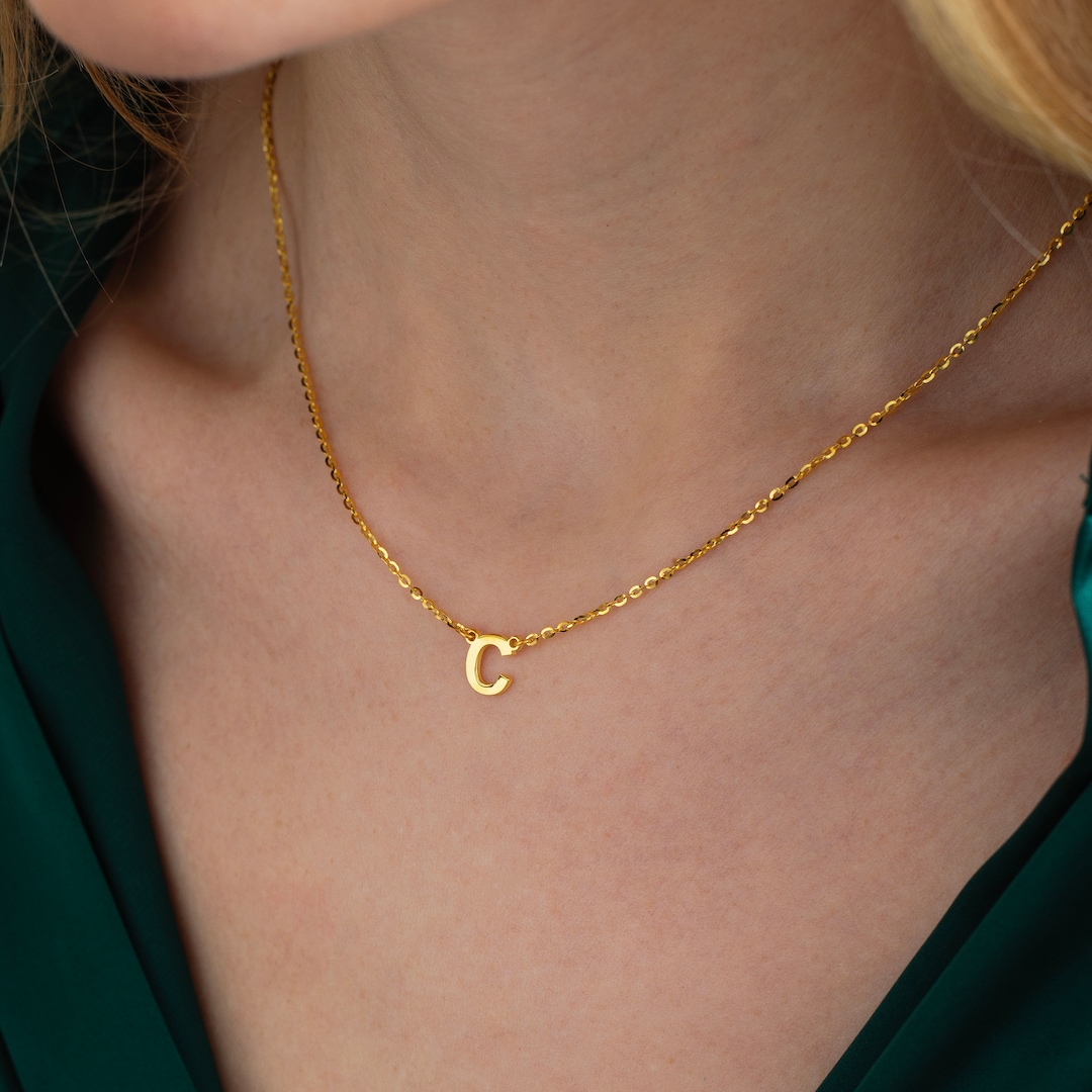 14K Solid Gold Letter Necklace, Initial Necklace, Dainty Initial