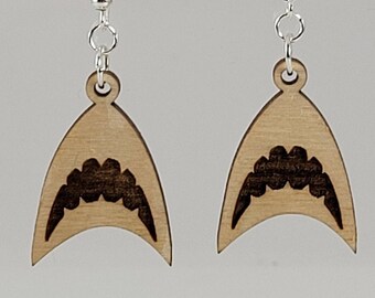 Laser Engraved Wood Shark Earrings: Lightweight Silver Hooks