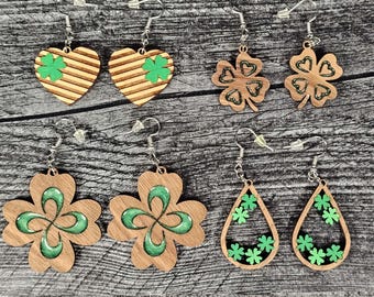 St. Patrick's Day Shamrock Earrings: Laser-Cut Wood Dangles