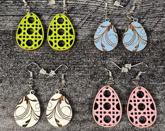 Laser Cut Easter Egg Earrings: Swirly Wood Dangles