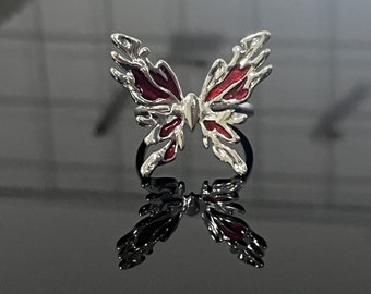 Butterfly Punk Rings, Silver Red Adjustable Gothic Rings, Y2k Kpop Chunky Ring, Irregular Crystal Modern Jewelry, Gift For Her/Him