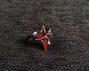 Blood Star Punk Rings, Red Gothic Y2k Adjustable Rings, Vintage Silver Chunky Ring, Luxury Gem Blue Jewelry, Gift For Her, Love to Death