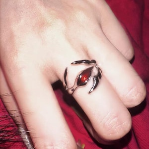 May include: A silver ring featuring a red gemstone in the shape of an eye. The ring is intricately designed and has a gothic style.