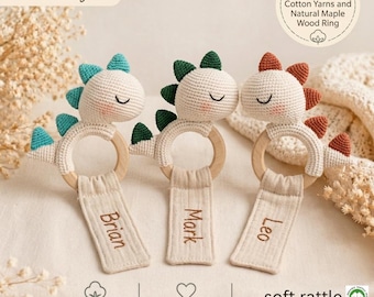 Personalized Baby Rattle,Crochet Dinosaur Toy,Organic Newborn Gift,Custom Baby Shower Gift,Wooden Teething Toy,Montessori Toy