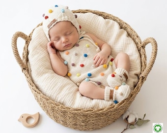 Organic Cotton Popcorn Knit Baby Romper Set with Bonnet, Newborn Outfit, GOTS Certified