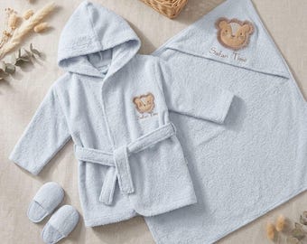 Personalized Luxurious Safari Baby Bathrobe Set, Muti colors, Hooded Towel, Robe & Slippers (0-12 Months)