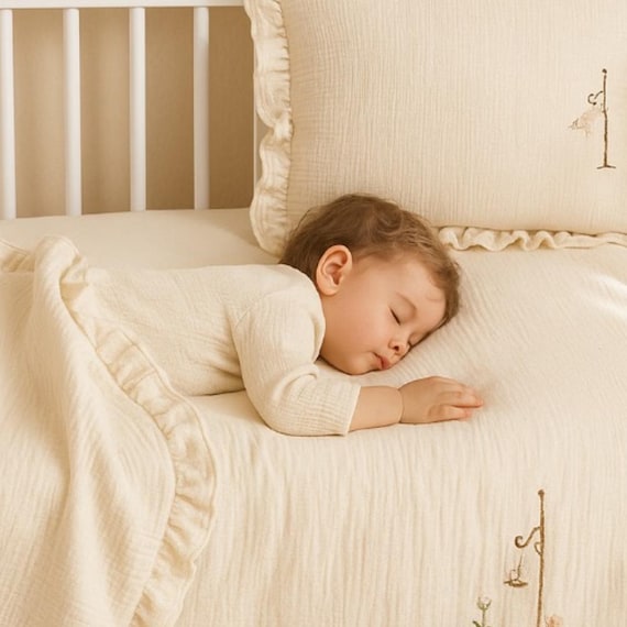 Embroidered Muslin Crib Bedding Set: 100% Cotton, Ruffle Detail