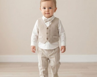 Costume en lin beige pour bébé garçon, gilet en résille, porte-alliances, tenue de mariage, premier anniversaire de garçon 2 pièces garçon