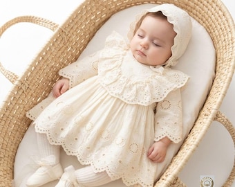 Baby Girl Special Occasion Dress Set – 4 Piece Cotton Outfit with Bonnet, Leggings & Shoes