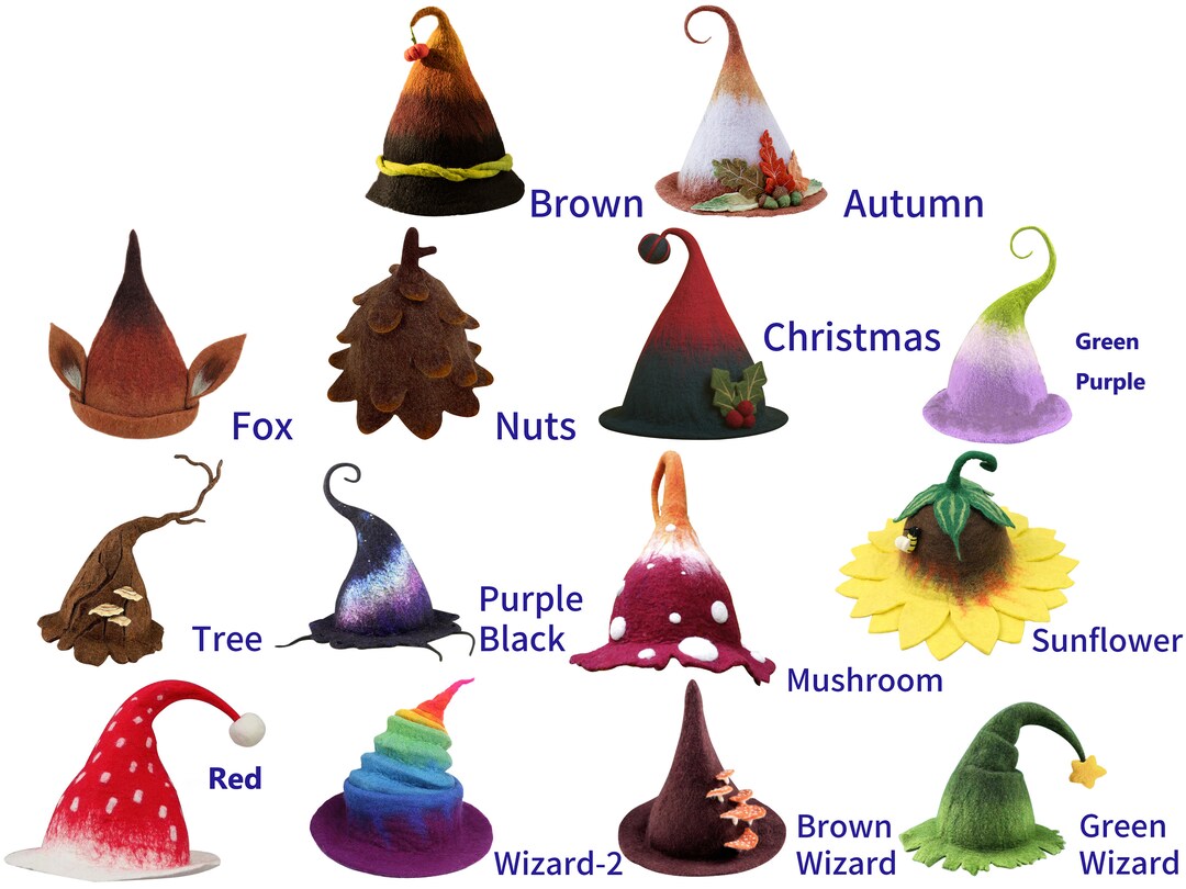 Handmade Wool Hat, Elf Hat, Felted Wool Witch Hats Vivid Rainbow Colors, for Adults Teens Kids