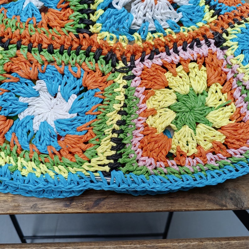 Handmade Straw Hat Rainbow Granny Square Hat Straw Bucket Etsy