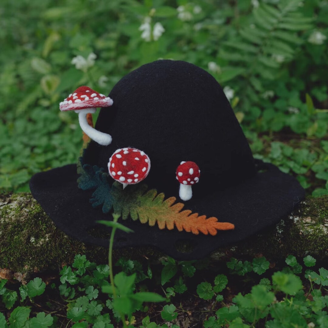 Black Wool Hat Forest Wool Hat Mushroom Wool Hat Adult Wool Etsy